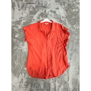 Umgee Womens Coral‎ Short Sleeve Button Down Frayed Hem Shirt Top M